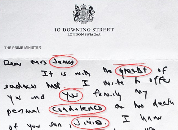 Het briefje van Brown. Beeld: The Sun